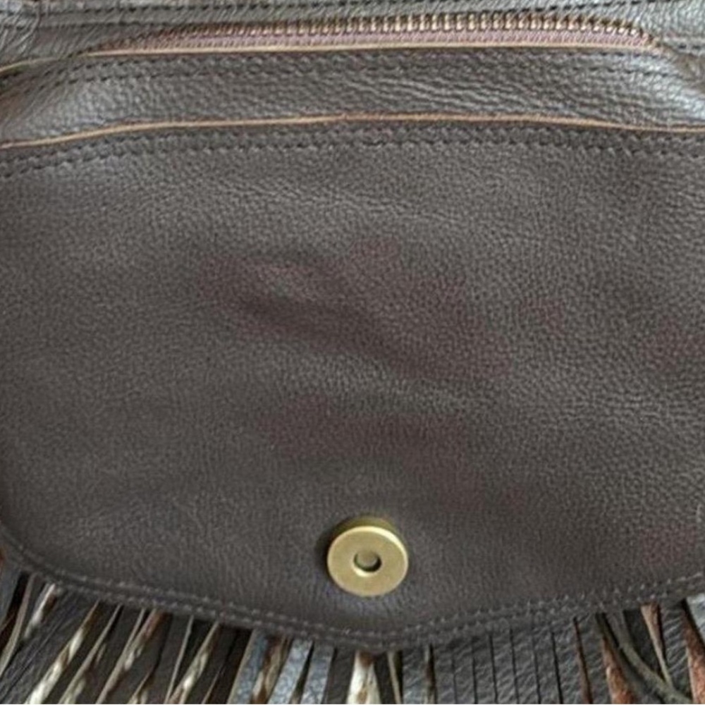 Brown handmade fringe festival belt bag with turquoise stone detail - Picture 4 of 6